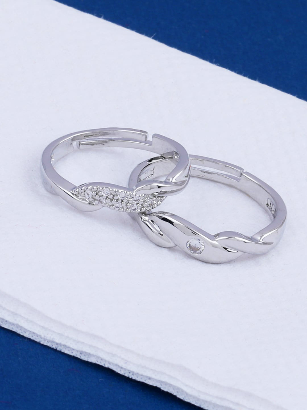 Silver Shine Silver-Plated & White Studded Couple Adjustable Finger Rings