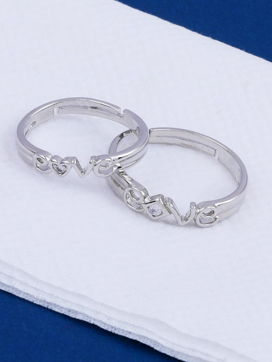 Silver Shine Set Of 2 Silver-Plated Stone-Studded Couple Finger Ring