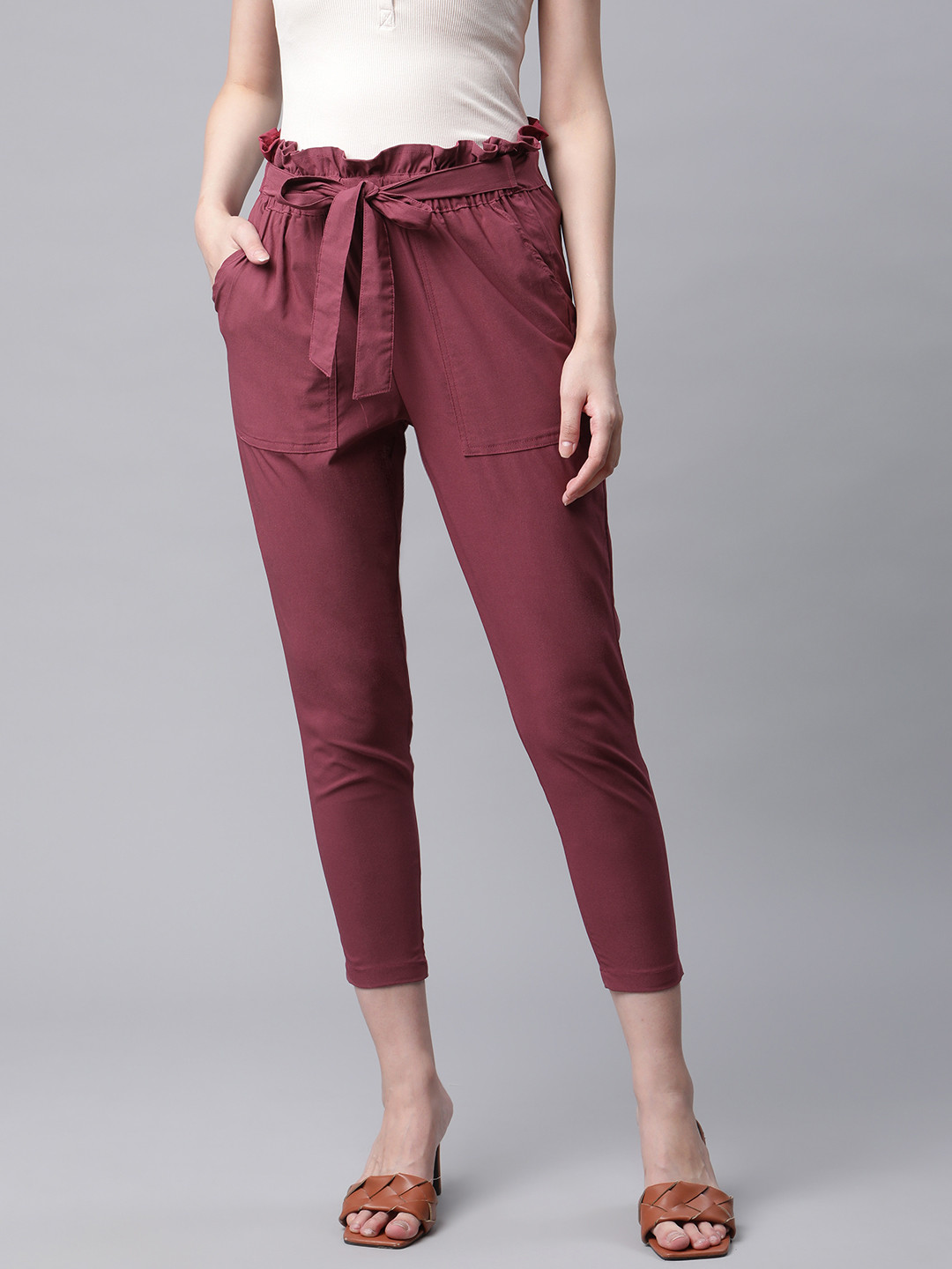 RIVI Women Maroon Tapered Fit Cotton Peg Trousers