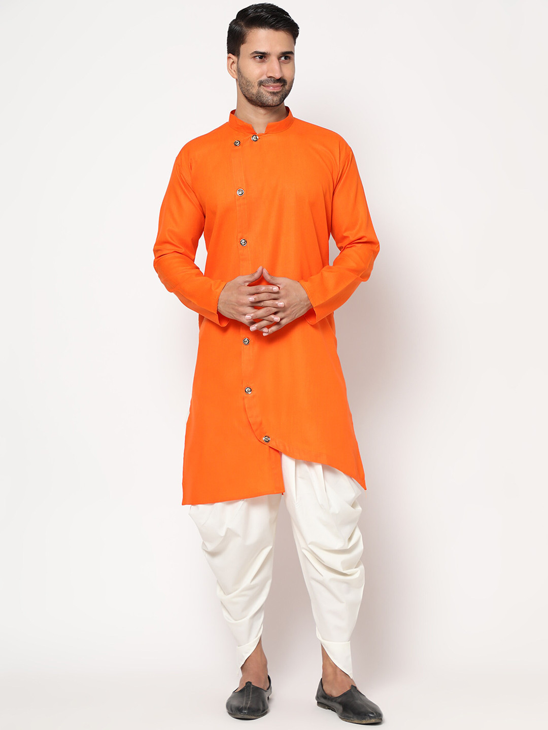 KAVYA SAREES Men Orange Solid Linen Kurta Set