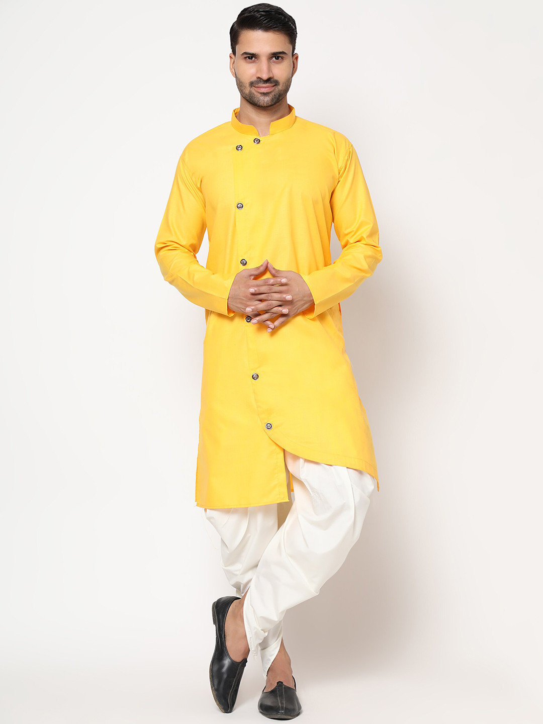 KAVYA SAREES Men Mustard Yellow Linen Kurta with Dhoti Pants