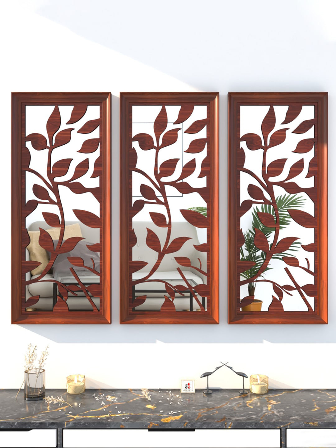 Art Street Set of 3 Brown Leaves Decorative Wall Mirror