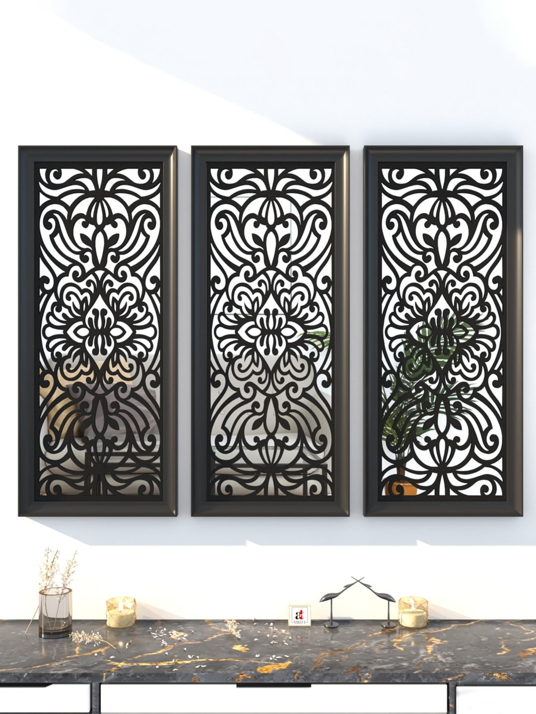 Art Street Set Of 3 Black Decorative Wall MDF Mirrors