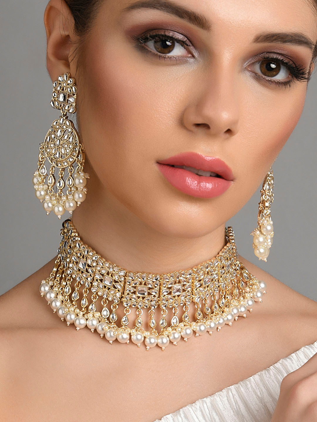 Fida Gold-Plated White Kundan-Studded & Pearl-Beaded Jewellery Set