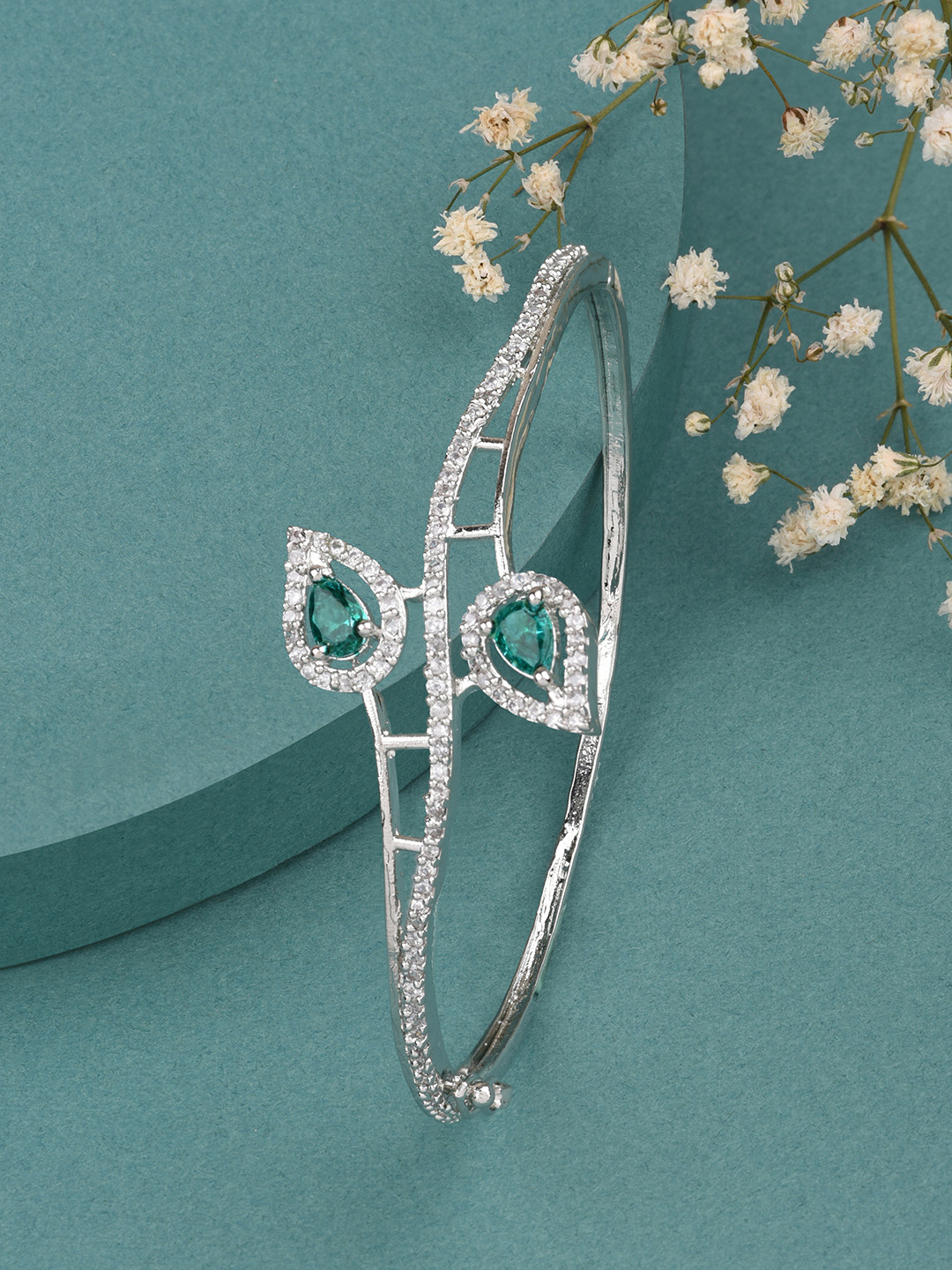 Fida Women Green & White Brass American Diamond Rhodium-Plated Bangle-Style Bracelet