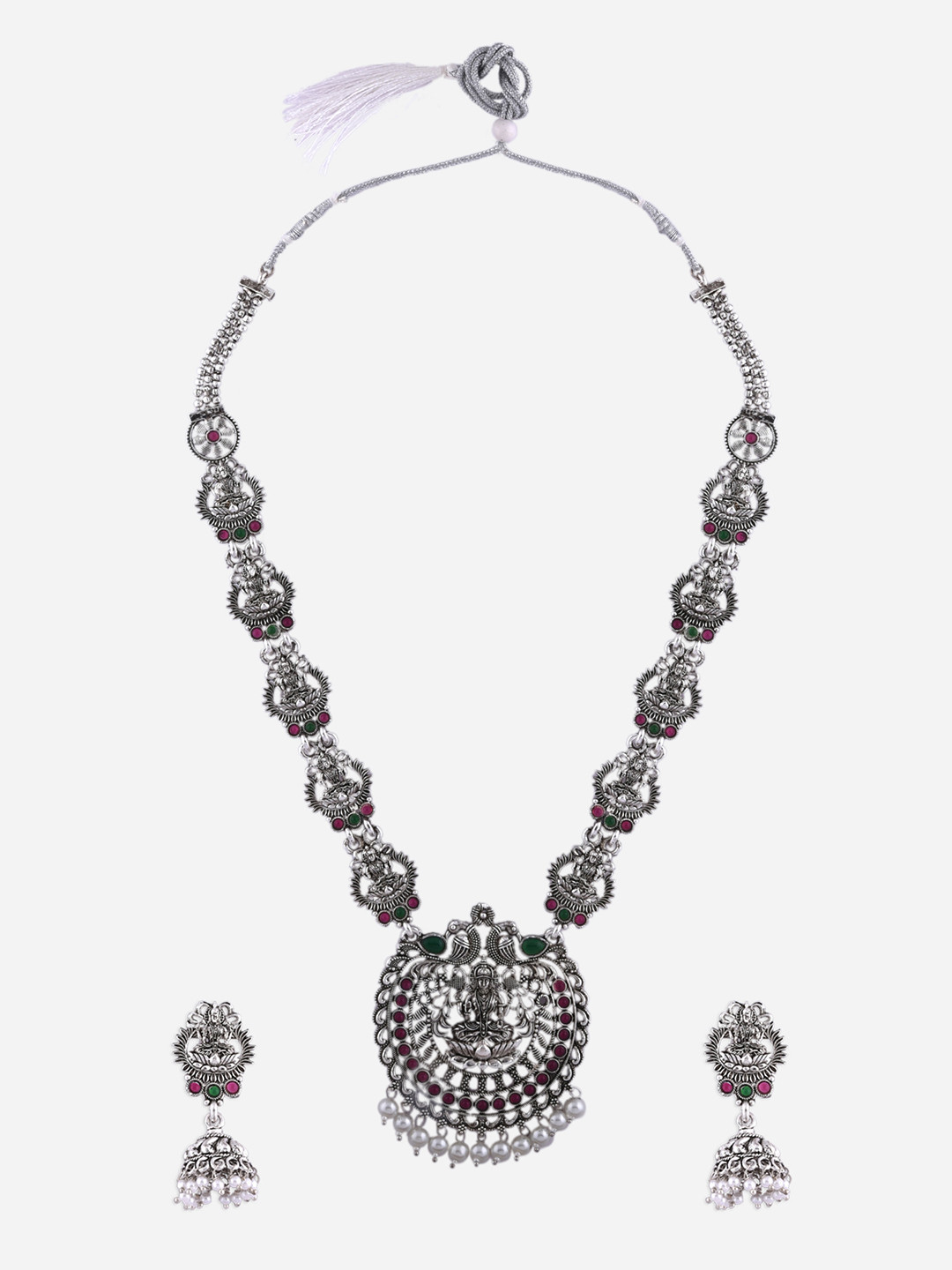 Fida Silver-Plated White Pearl-Beaded Oxidised Jewellery Set