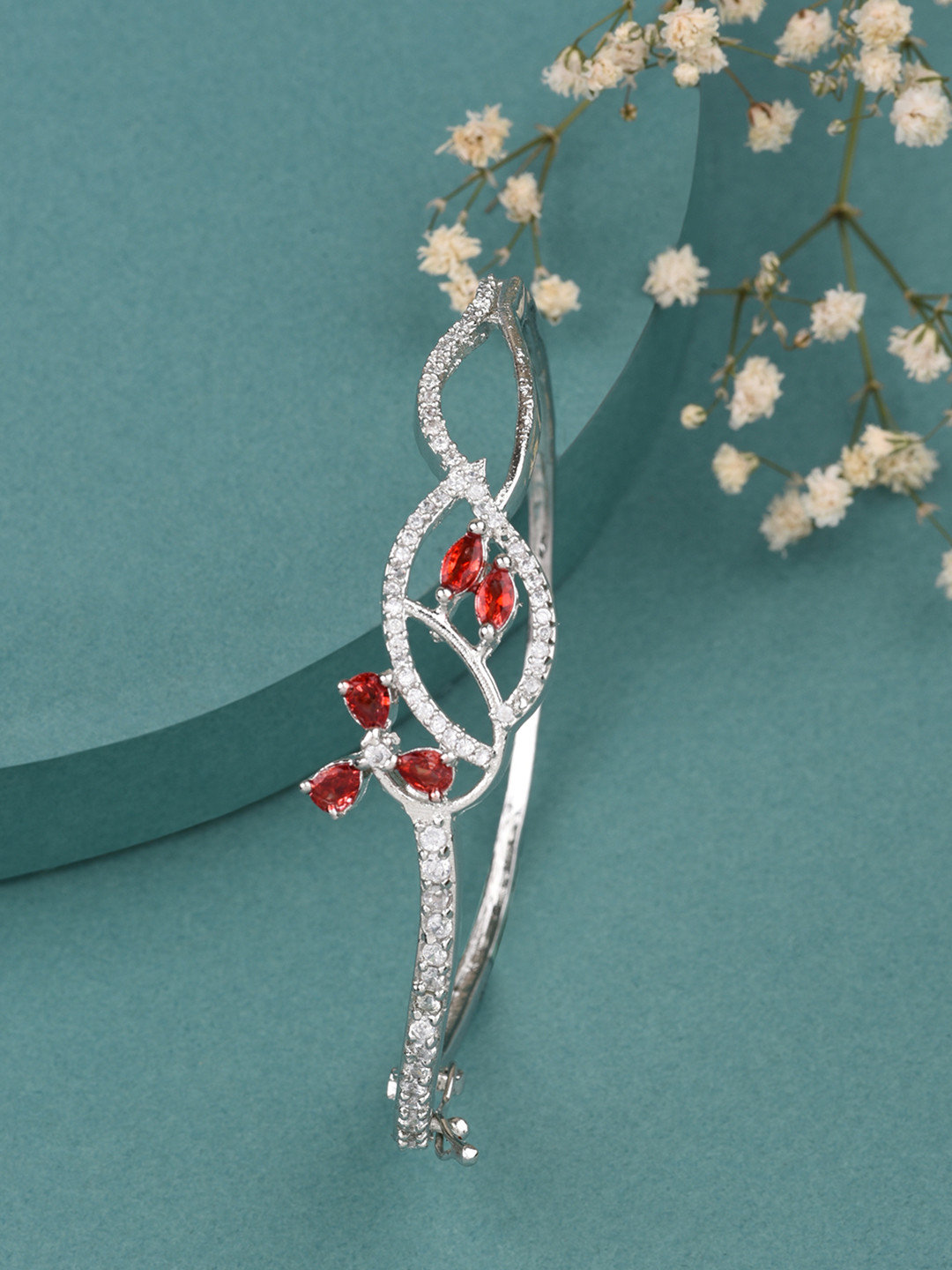 Fida Women Silver-Toned & Red Brass American Diamond Rhodium-Plated Bangle-Style Bracelet