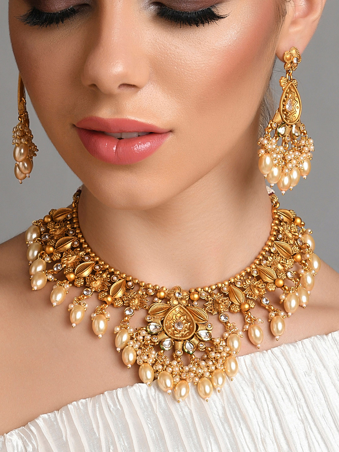 Fida Gold-Plated White Stone Studded Jewellery Set