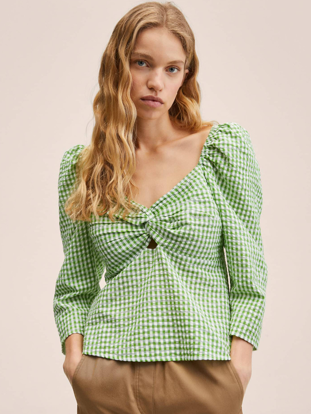 MANGO Green & White Checked Sweetheart Neck Twisted Top