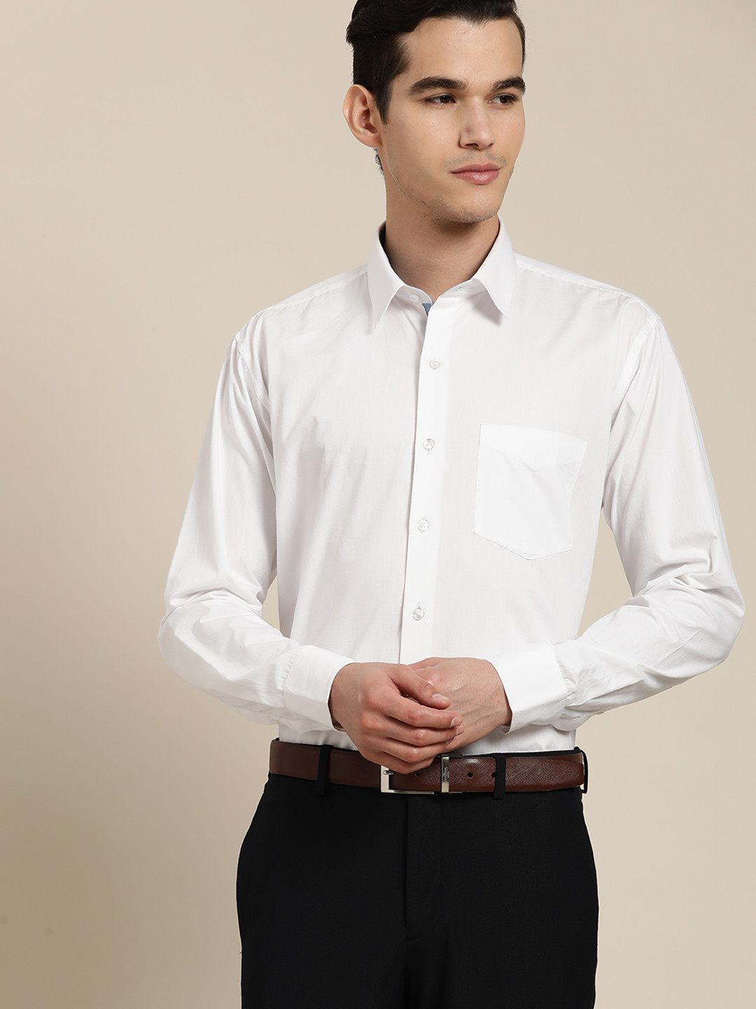 Hancock Men White Solid Slim Fit Pure Cotton Formal Shirt