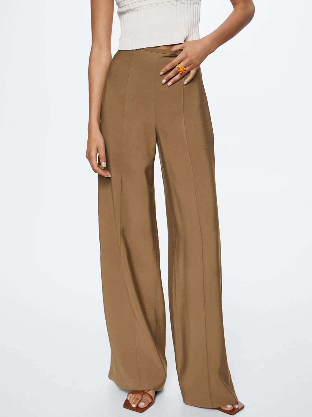 MANGO Women Brown Pleated Parallel Trousers