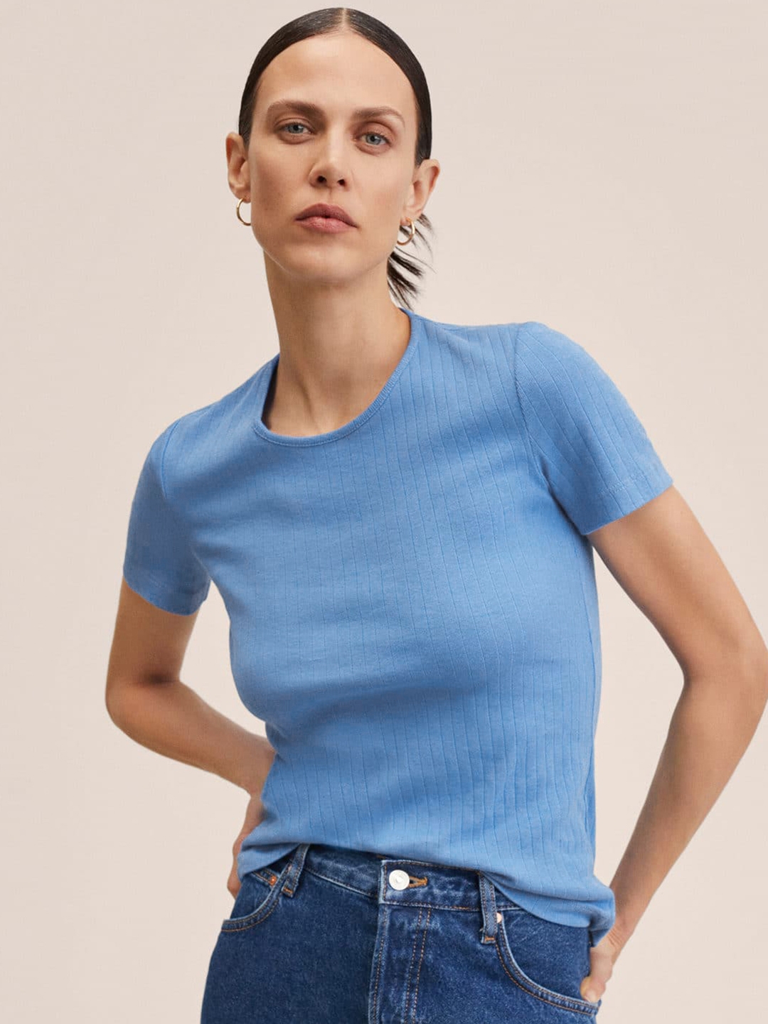 MANGO Women Blue Self-Striped Pure Cotton T-shirt