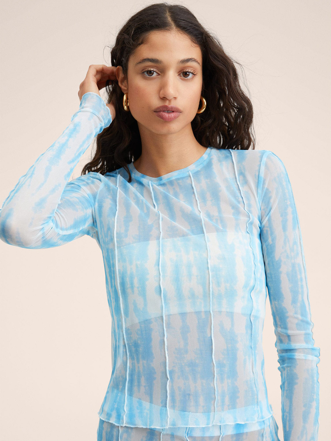MANGO Women Blue Tie and Dye Print Top