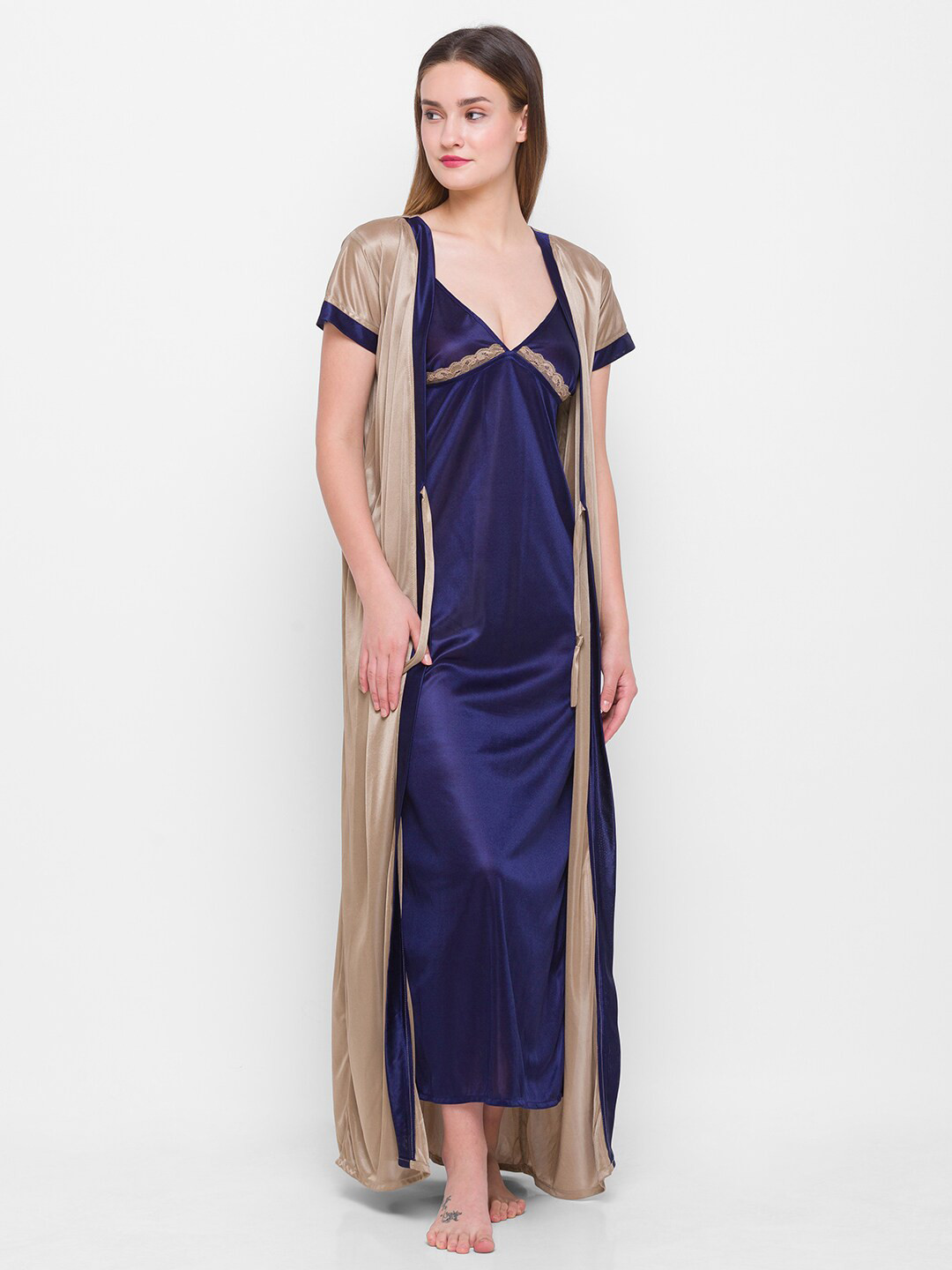 AV2 Women Champagne & Navy Blue Solid Maxi Nightdress with Robe