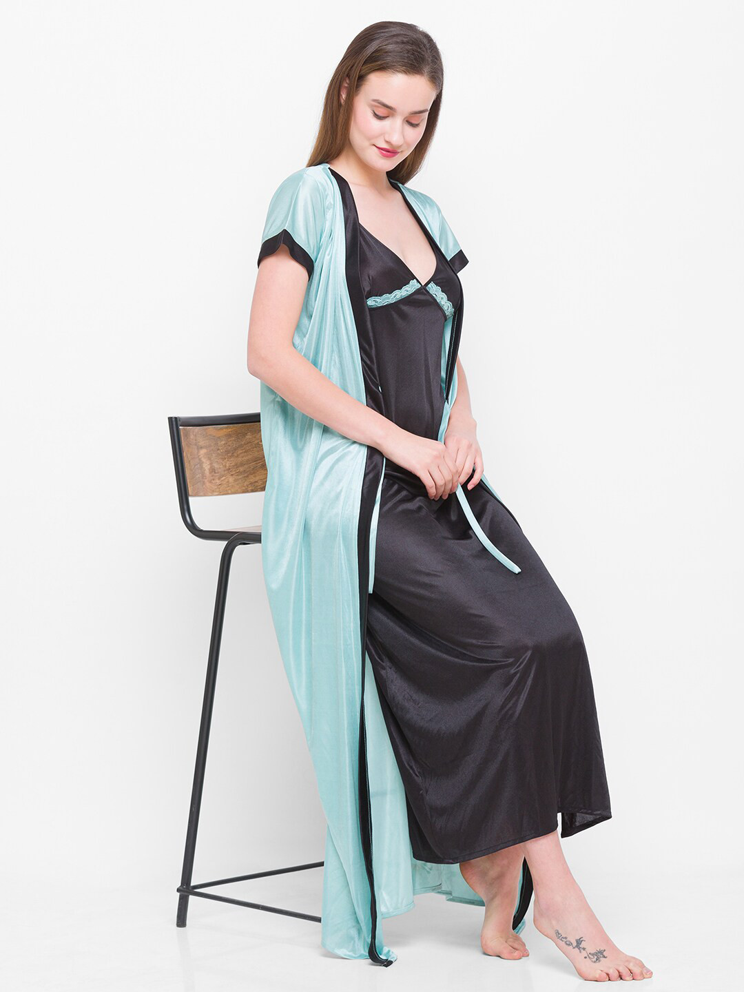 AV2 Green & Black Satin V Neck Maxi Wrap Nightdress