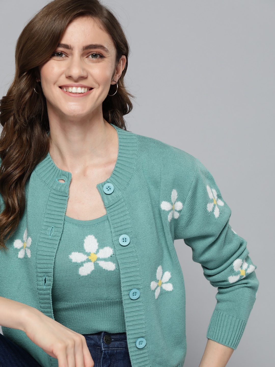 Buy Mast Harbour Women Green White Floral Printed Cardigan with Cami Crop Winter Top Sweaters for Women 18259984 Myntra