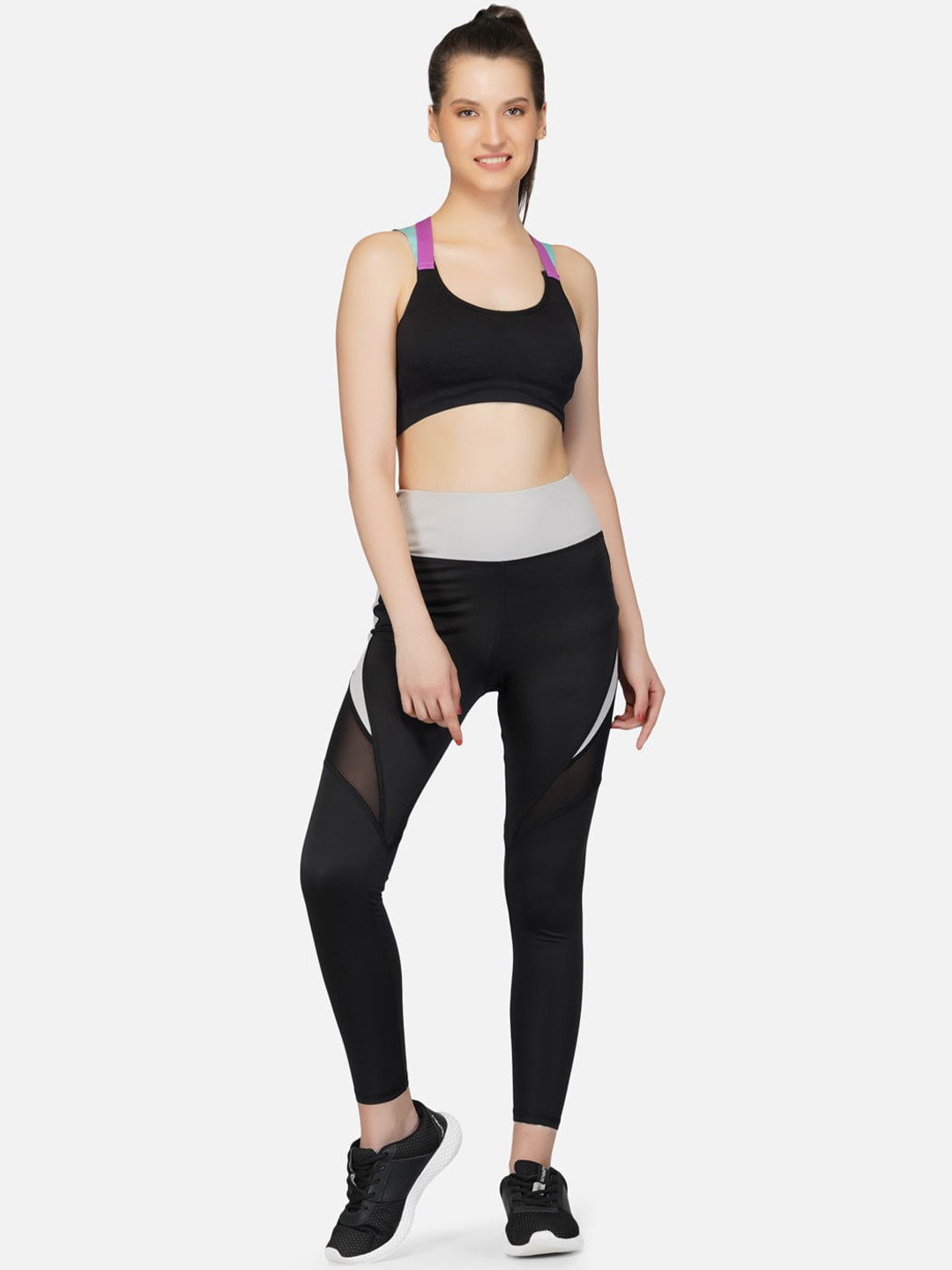 IMPERATIVE Women Black & Grey Colourblocked Strechable Pants With Mesh Inserts
