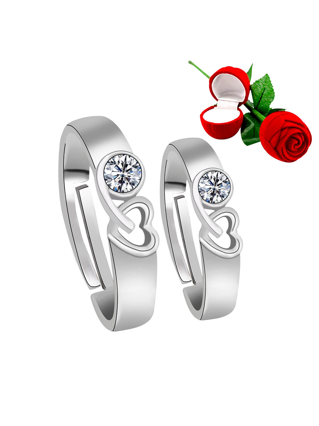 Silver Shine Set Of 2 Silver-Plated White Stone-Studded Adjustable Finger Ring