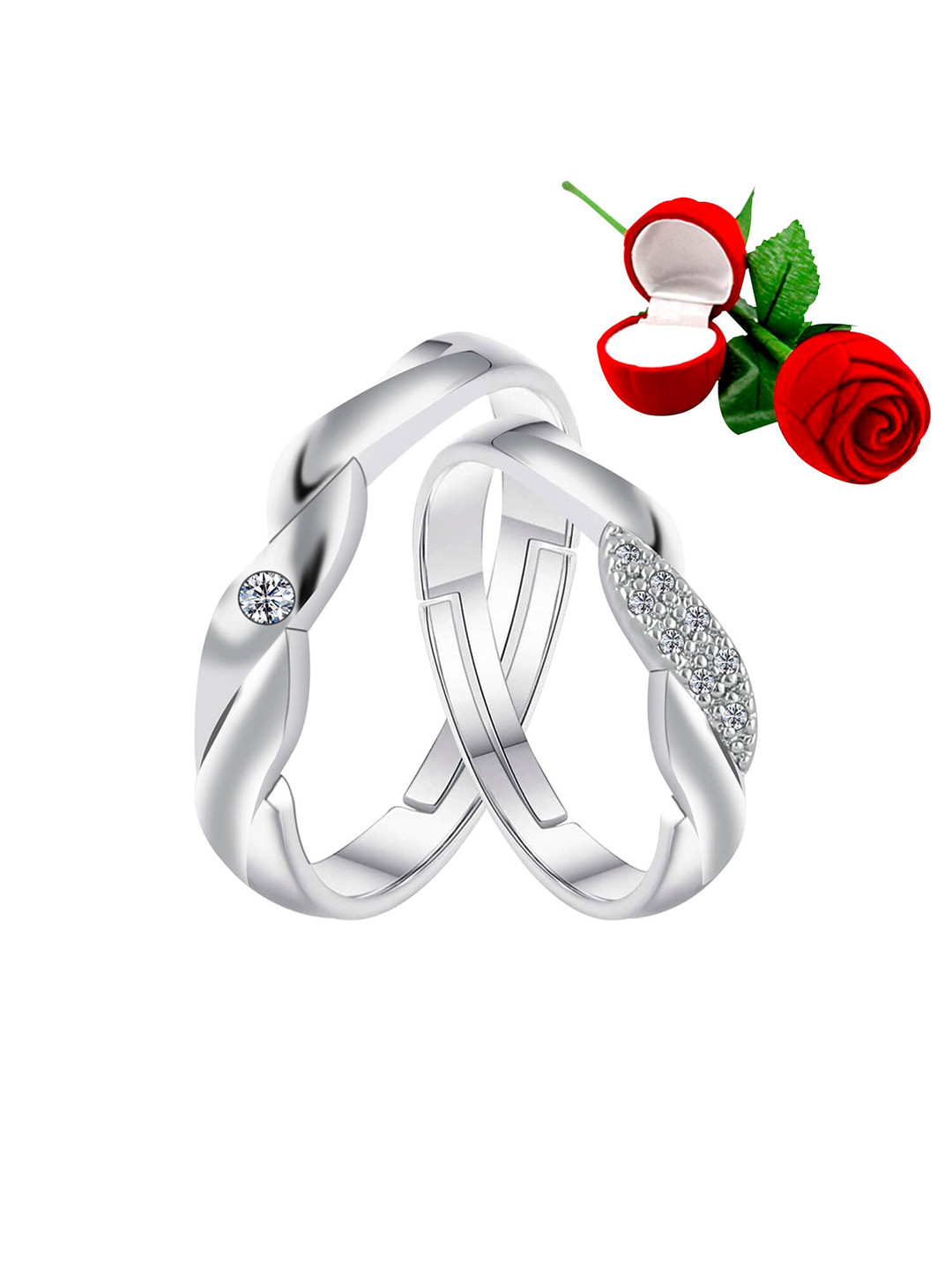 Silver Shine Set Of 2 Silver-Plated Stone-Studded Couple Finger Ring With Red Rose