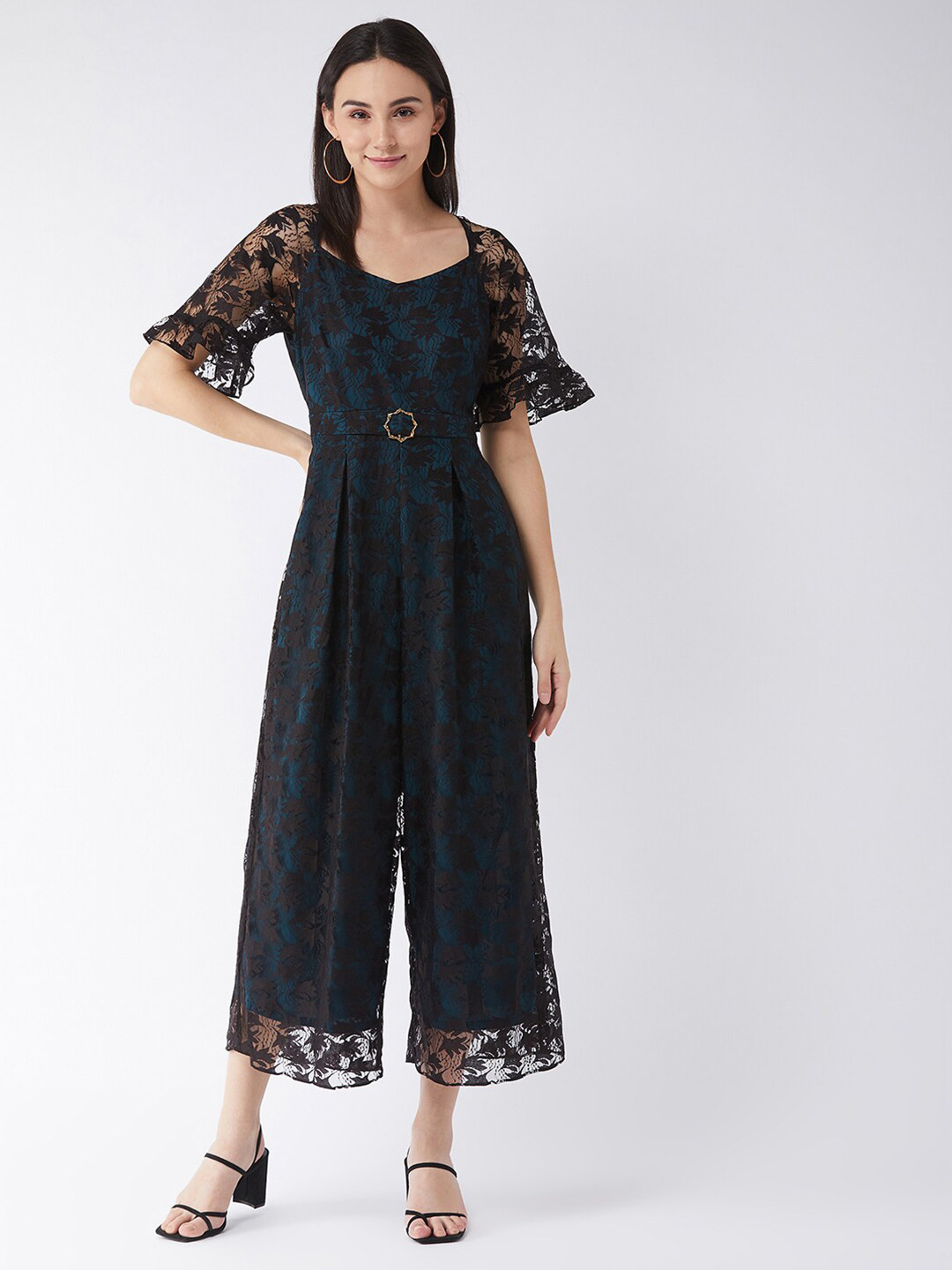 Miss Chase Black & Teal Basic Jumpsuit with Lace Inserts