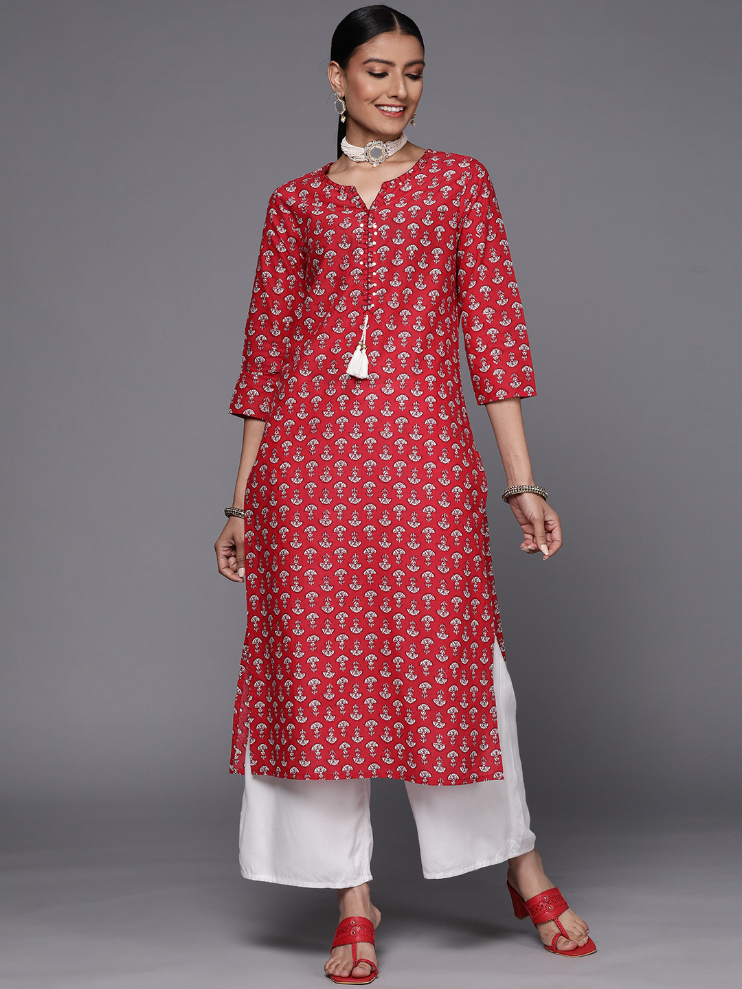 Varanga Women Red & White Ethnic Motifs Printed Thread Work Kurta