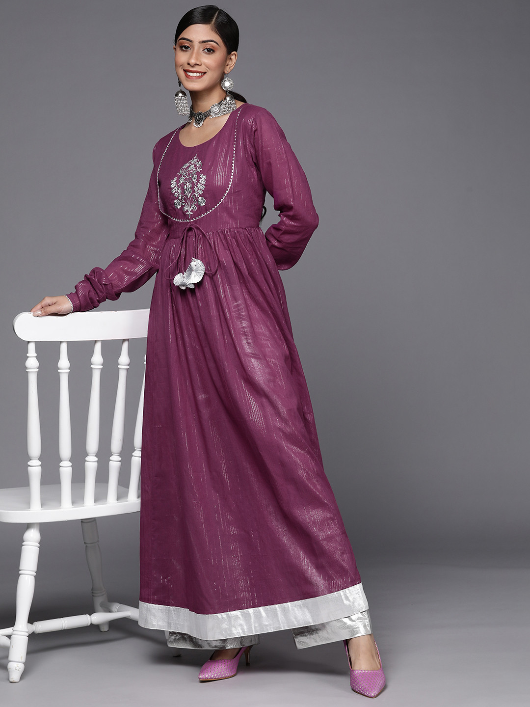 Varanga Women Purple & Silver-Colured Floral Embroidered Detail Anarkali Kurta