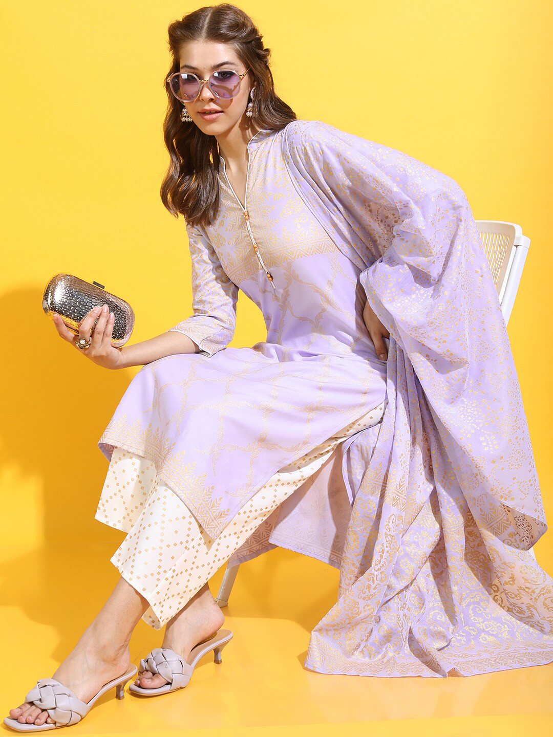 Vishudh Women Mauve Printed Kurta with Trousers & With Dupatta