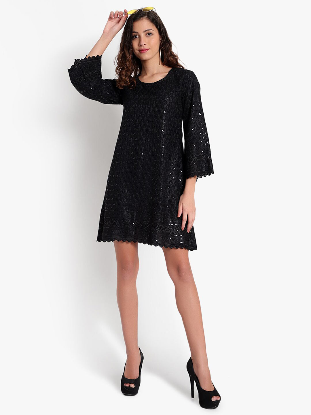 Indietoga Women Black Embroidered & Sequinned Scalloped A-Line Knee-Length Dress