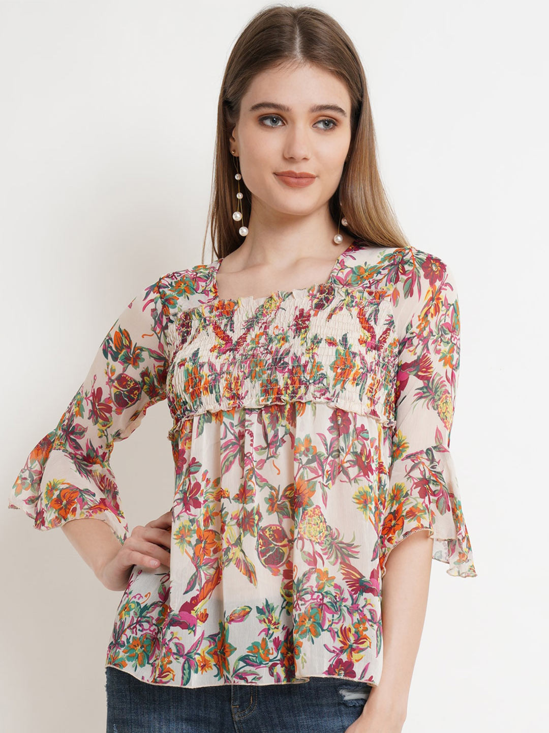 Popwings Cream-Coloured & Red Floral Print Smocked Chiffon Top