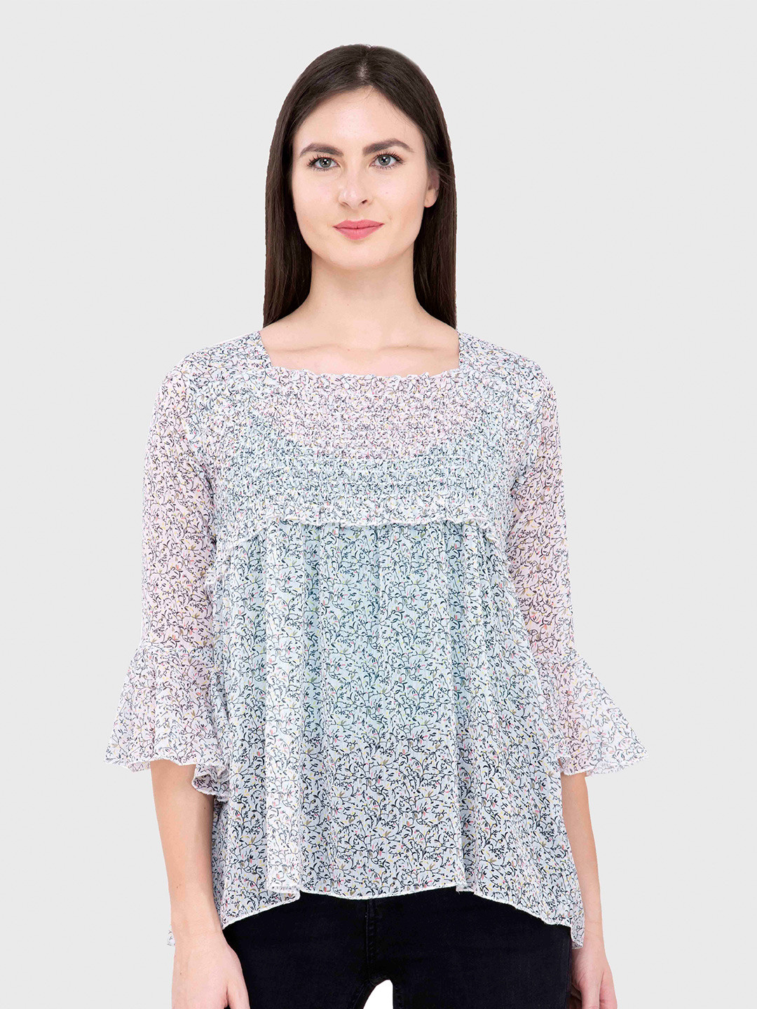 Popwings White & Grey Floral Print Chiffon Cinched Waist Top