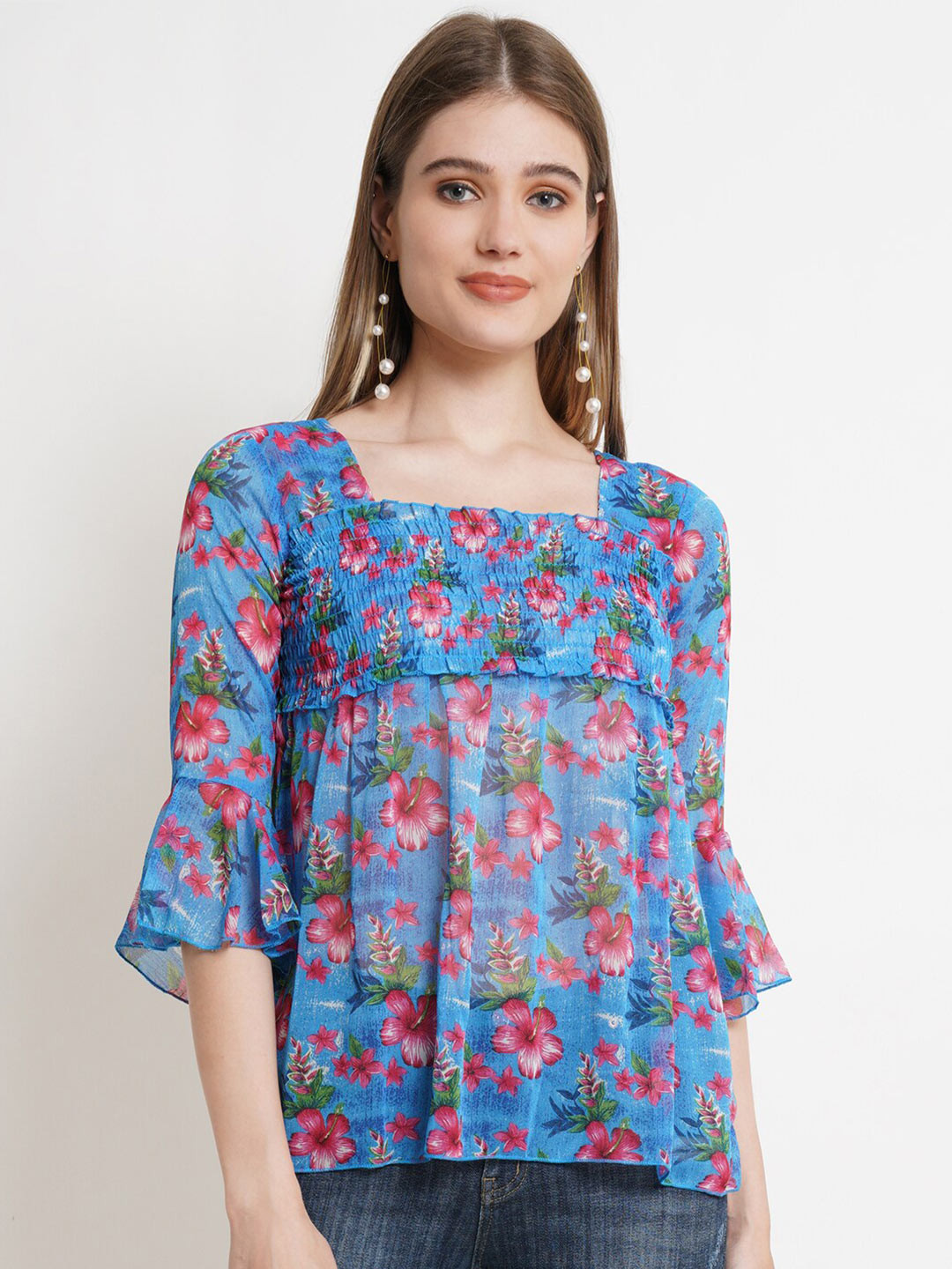Popwings Blue Floral Print Chiffon Smocked Peplum Top
