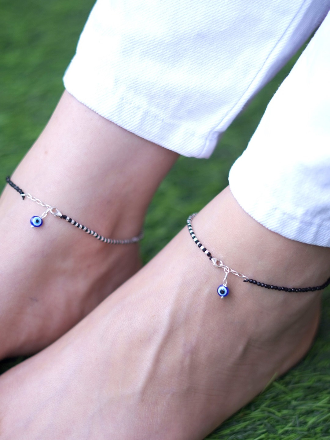 Zavya Women Set Of 2 Minimal Evil Eye 925 Sterling Silver-Plated Black Beaded Anklets