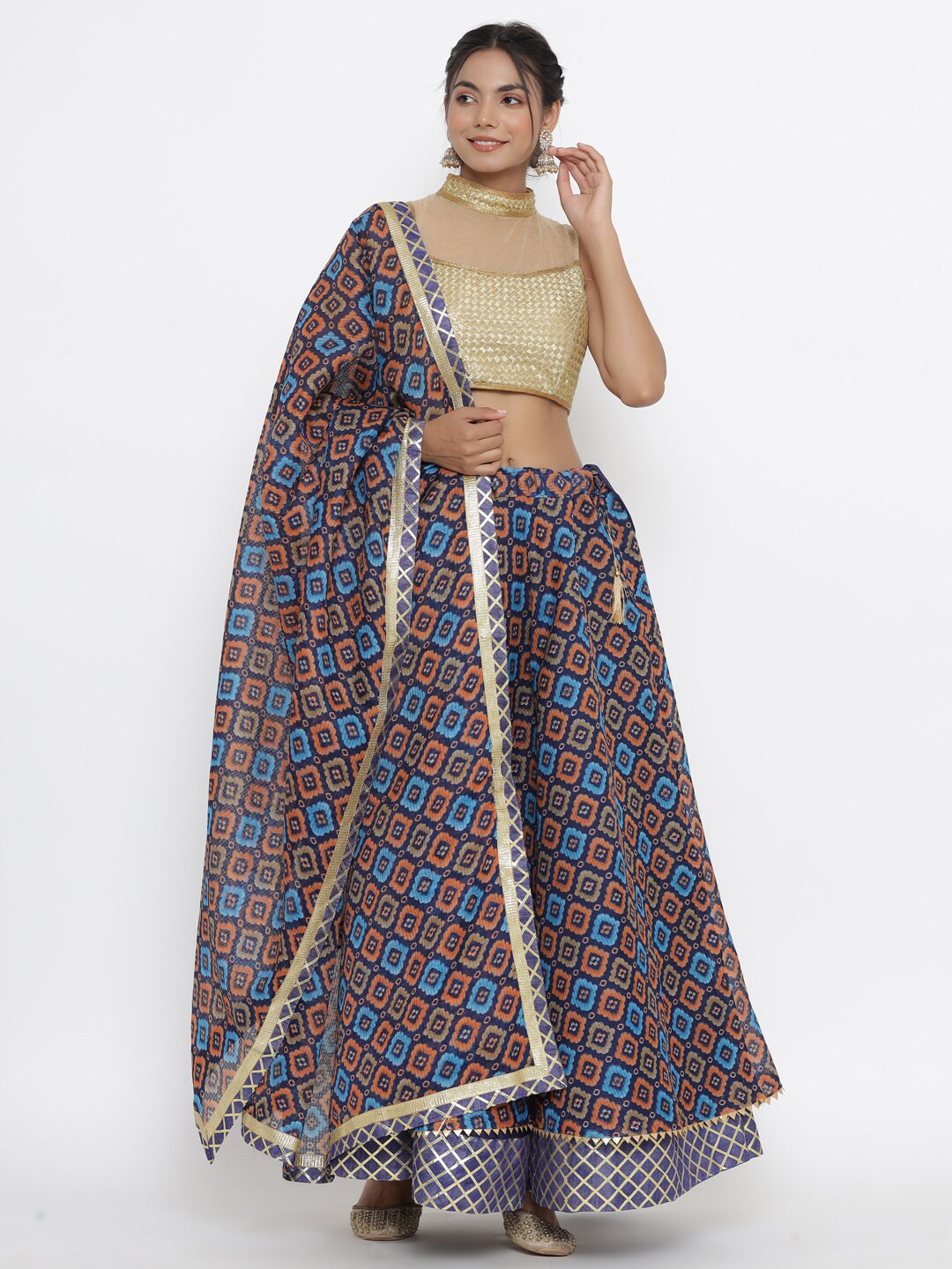 Kesarya Blue & Red Embellished Khari Print Ready to Wear Lehenga & Unstitched Blouse With Dupatta