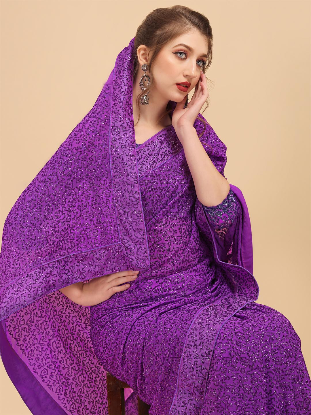 Sangria Lavender & Purple Embellished Sequinned Pure Georgette Saree