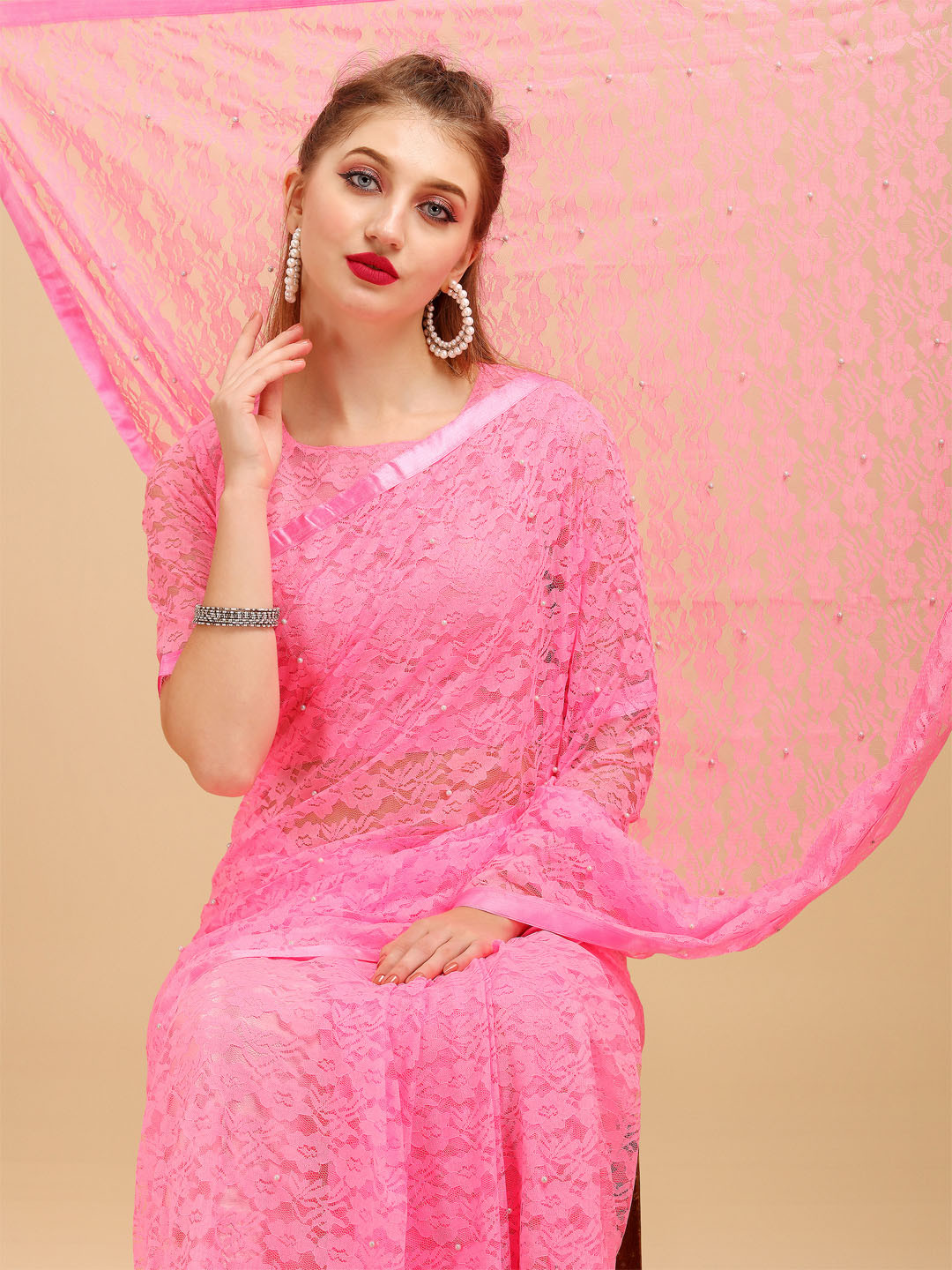 Sangria Rose Embellished Beads and Stones Lace Saree