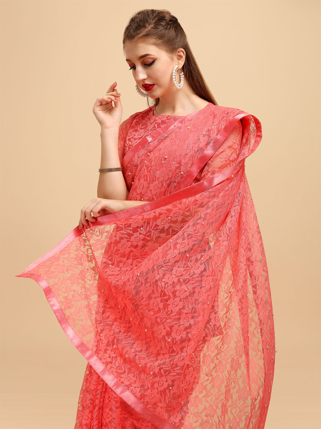 Sangria Pink Embellished Beads and Stones Lace Saree
