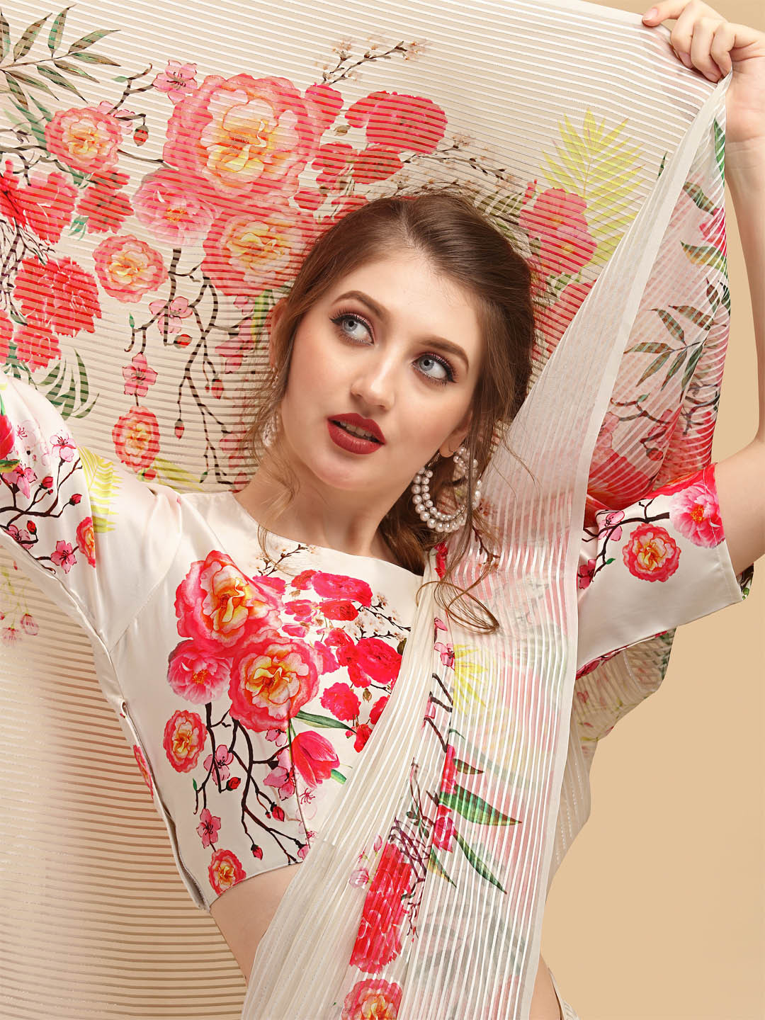 Sangria Off White & Red Floral Satin Designer Saree