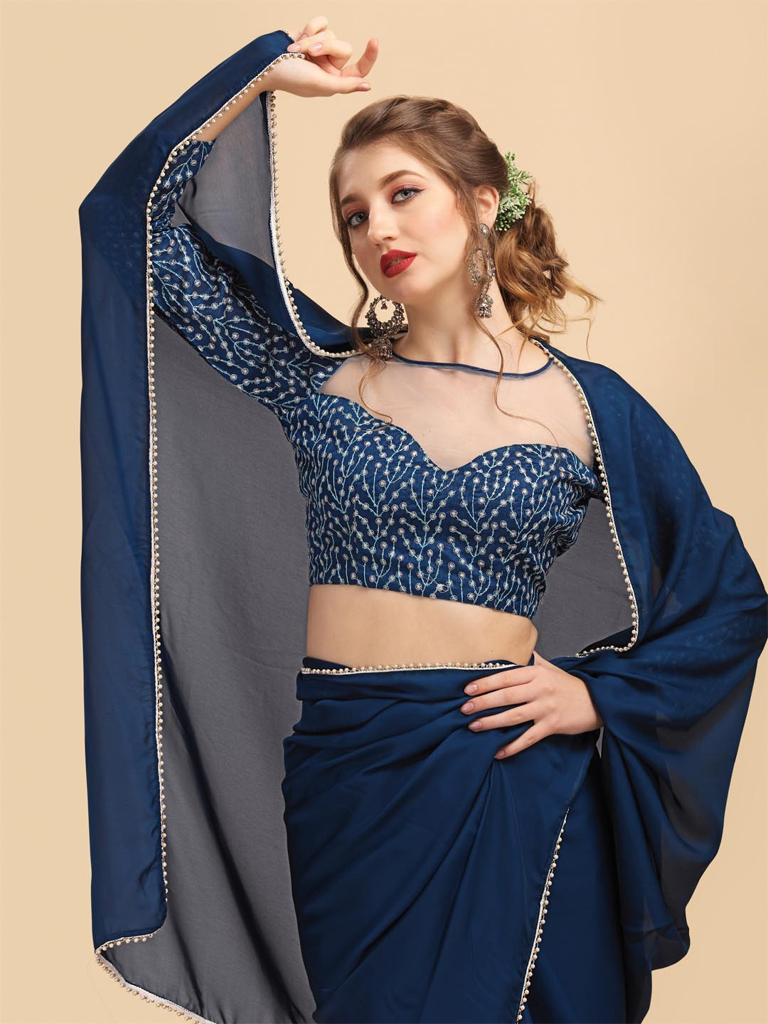 Sangria Navy Blue Embellished Border Satin Saree