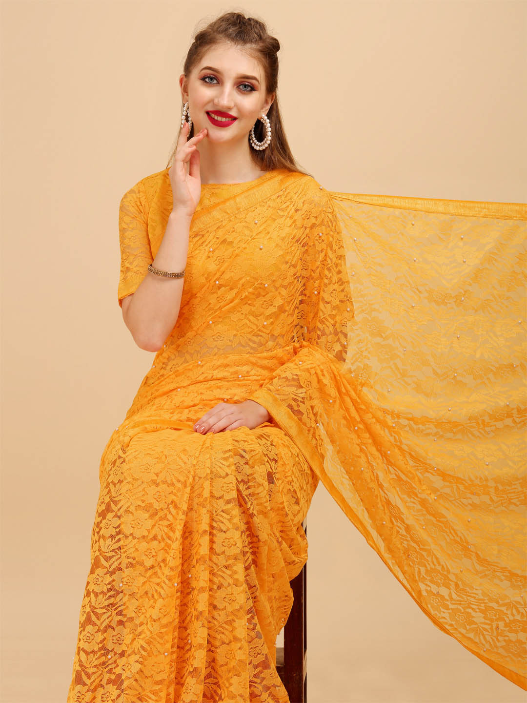 Sangria Mustard Yellow Embellished Beads and Stones Lace Saree