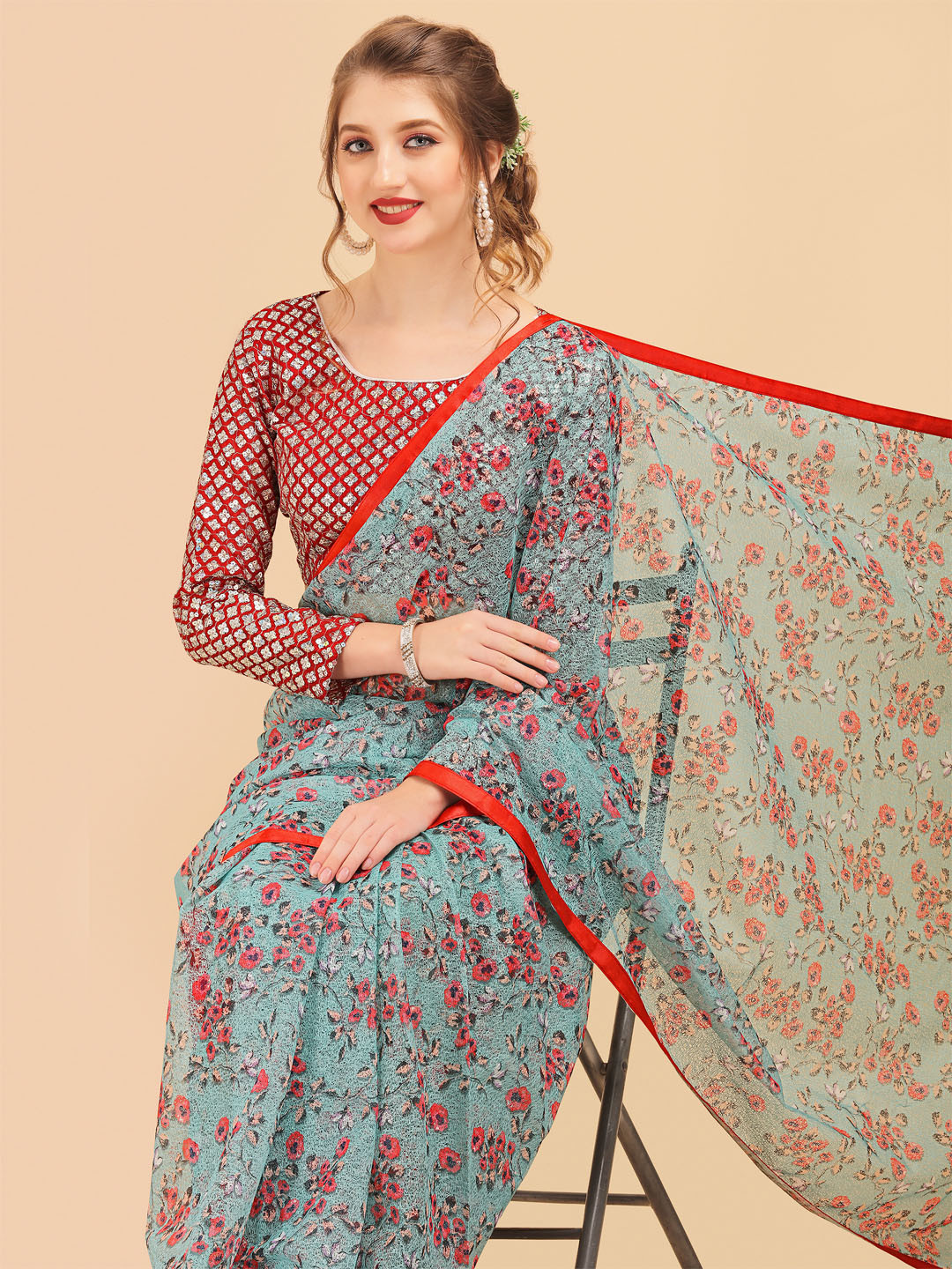 Sangria Sea Green & Red Floral Lace Saree