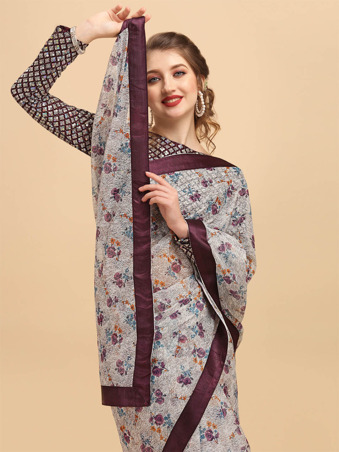 Sangria Burgundy & Grey Floral Embroidered Lace Saree