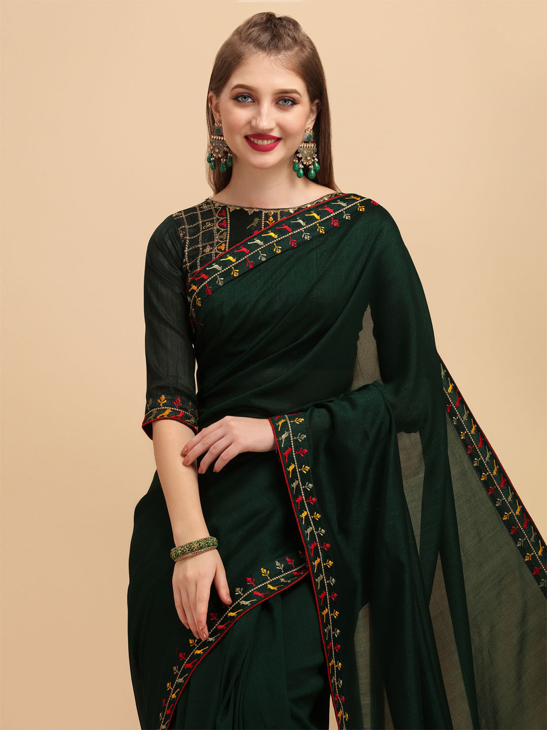 Sangria Olive Green Embroidered Silk Blend Saree