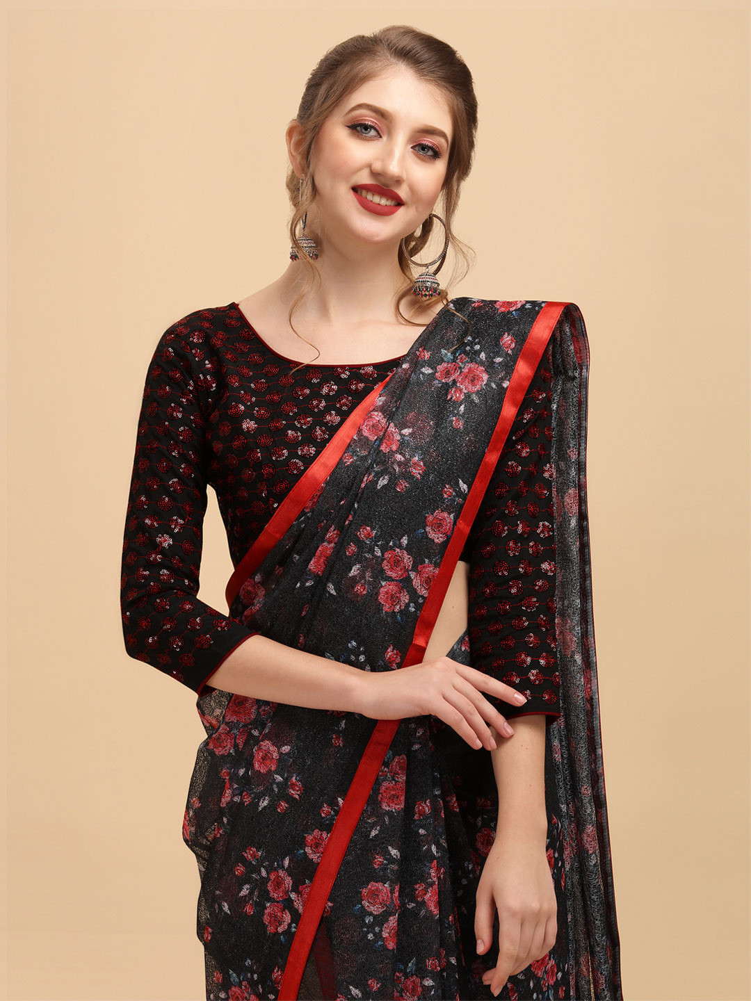 Sangria Black & Red Floral Embroidered Lace Saree