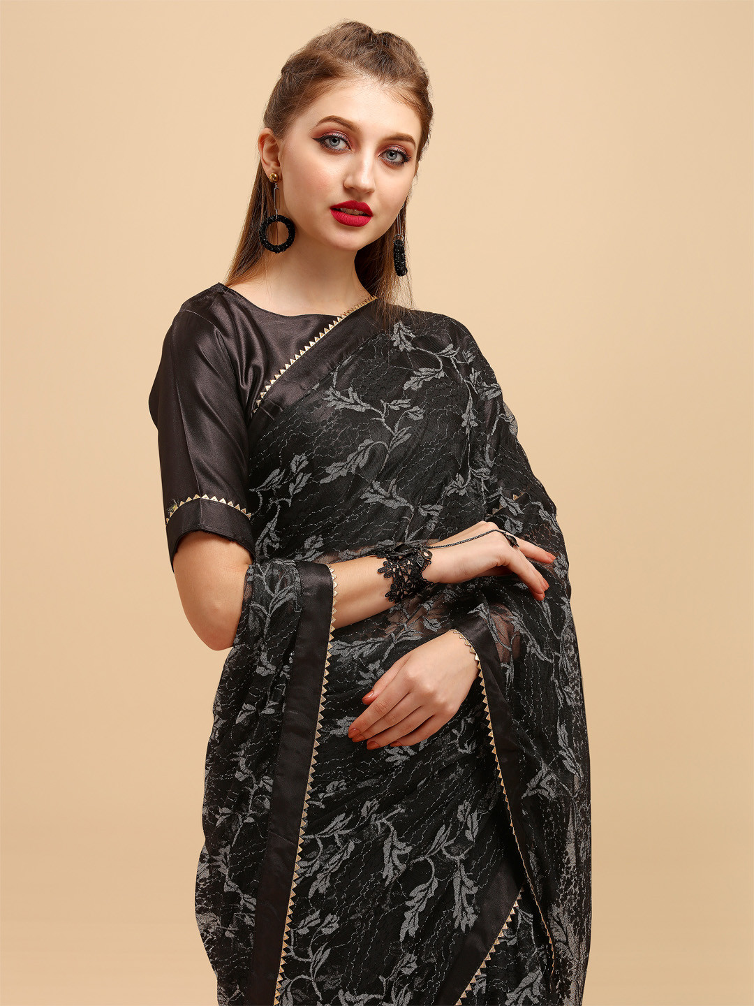 Sangria Black & White Embellished Zari Lace Saree