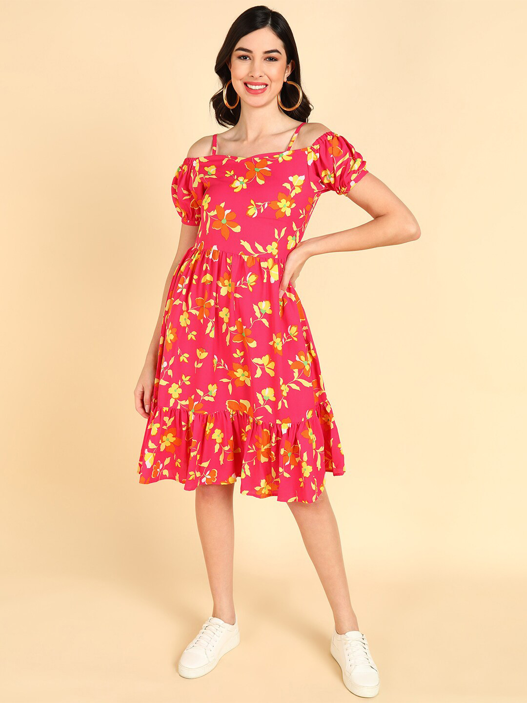 AHIKA Pink & Yellow Floral Puff Sleeve Georgette Fit and Flare Dress