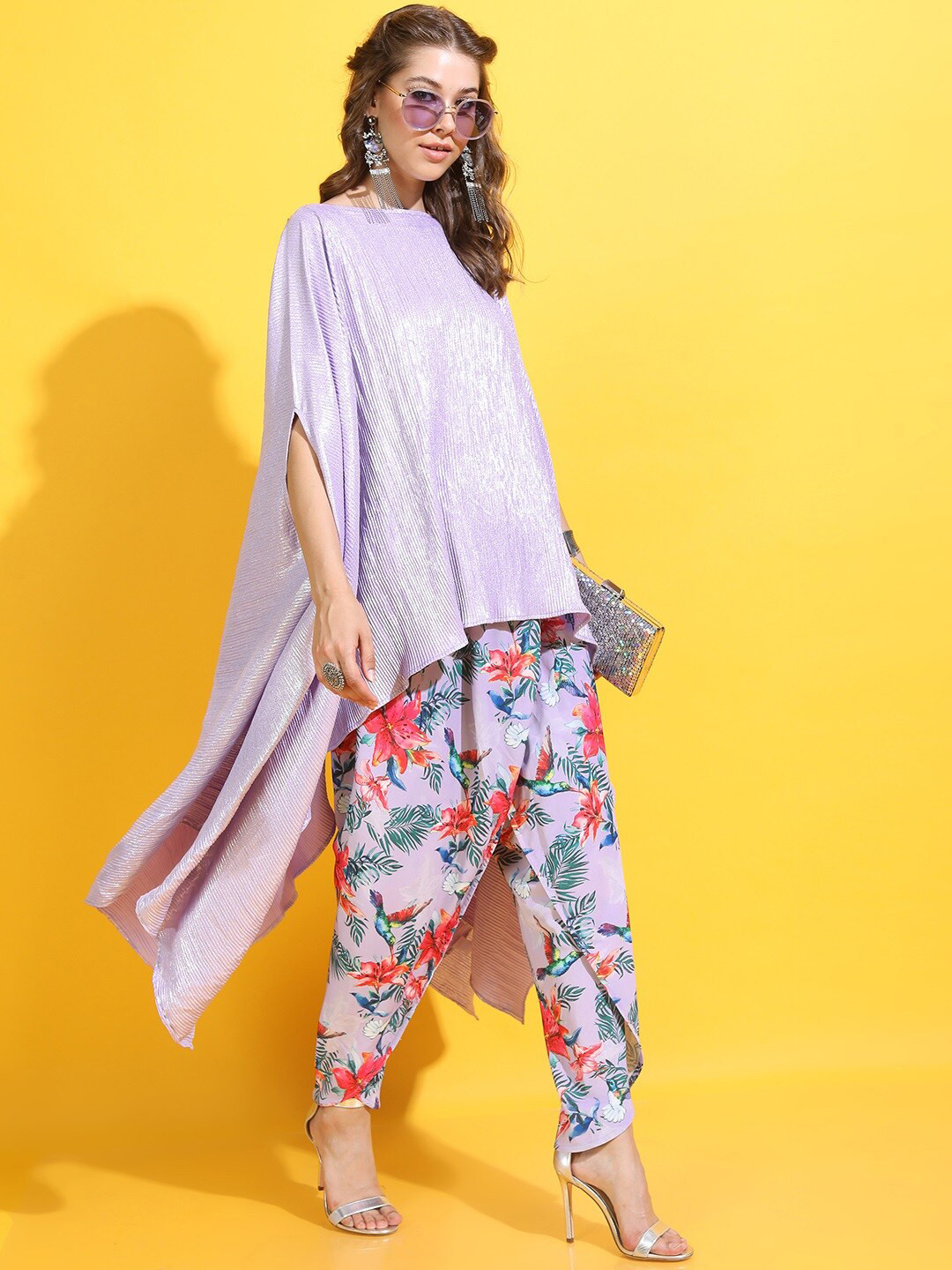 Vishudh Women Mauve Self Design Kaftan Fusion Kurta With Dhoti Pants