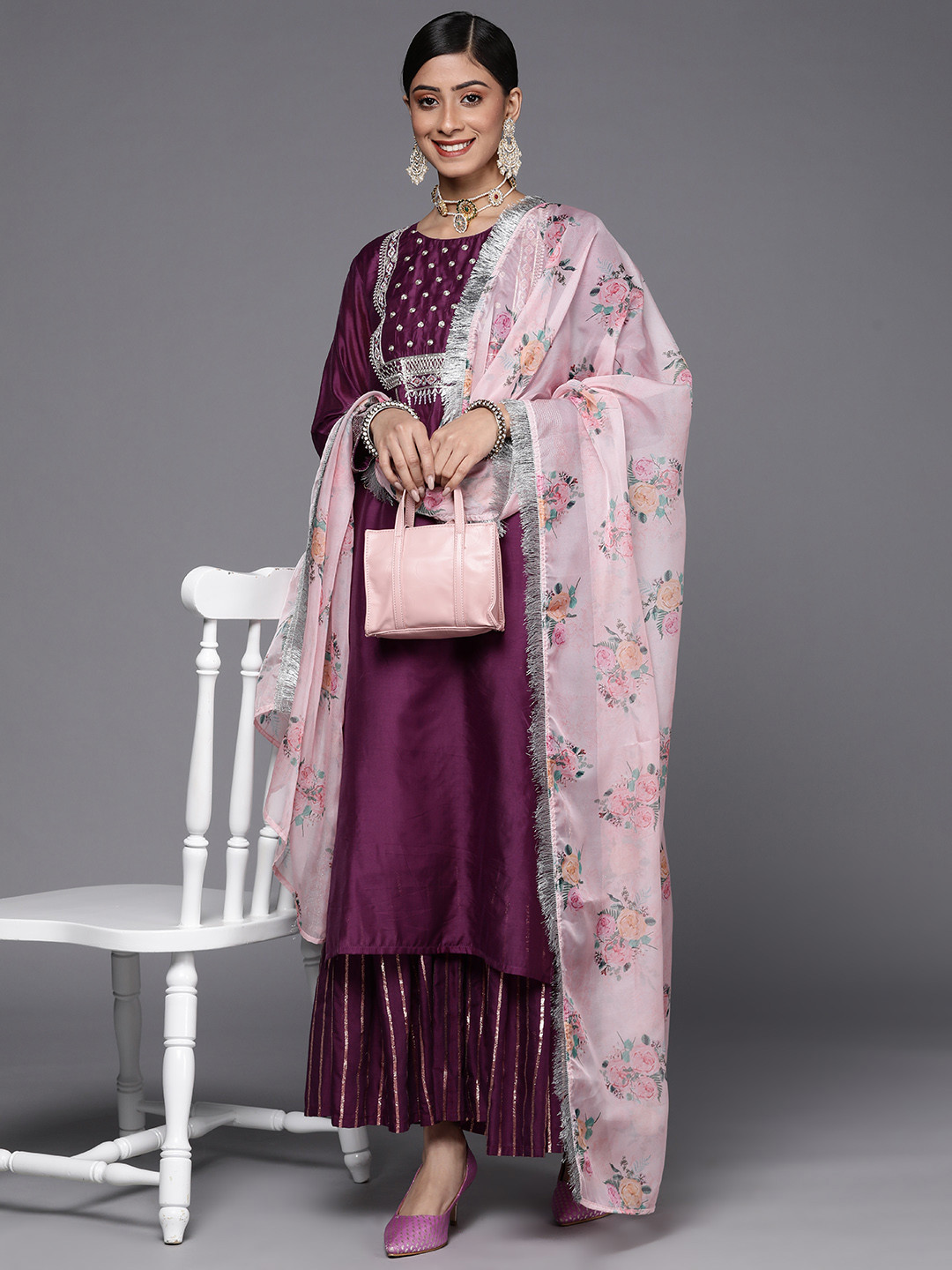 Varanga Women Purple Embroidered Chanderi Silk Kurta with Sharara & With Dupatta
