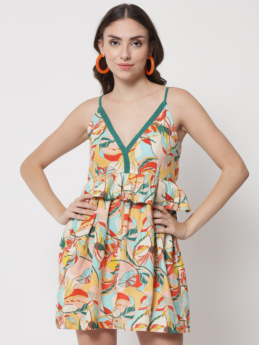 The Dry State Multicoloured Tropical Ruffled Cotton Fit & Flare Mini Dress