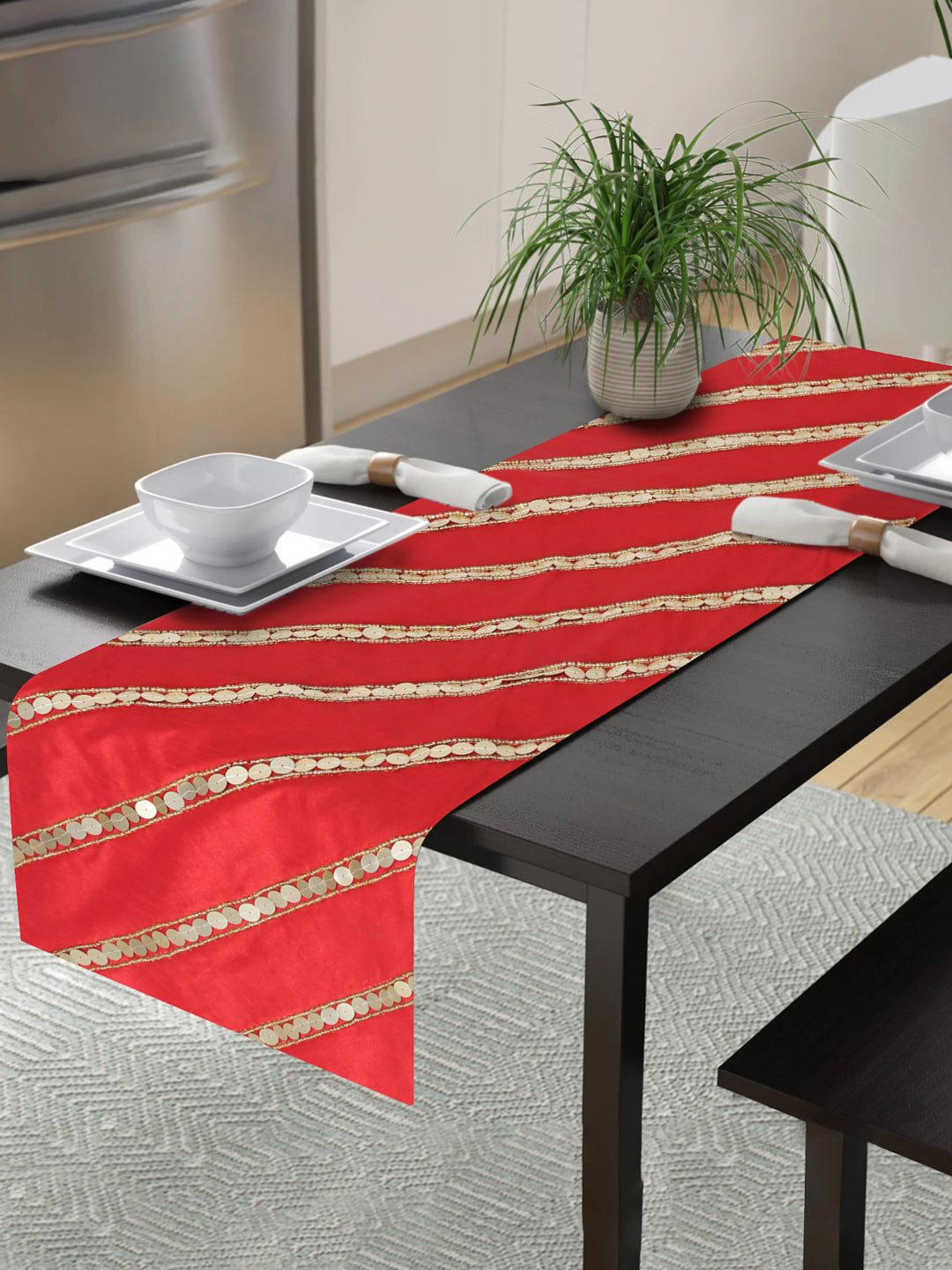 Alina decor Red & Gold-Coloured  Embellished 6-Seater Table Runner