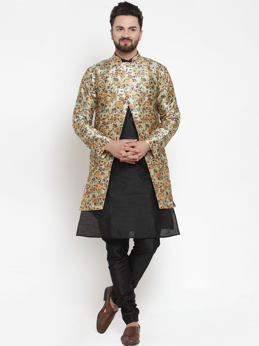 Kaifoo Men Black Kurta  With Floral Jacket And Churidar